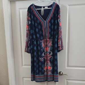 Like New: Avenue Navy and Coral Long Sleeve Dress